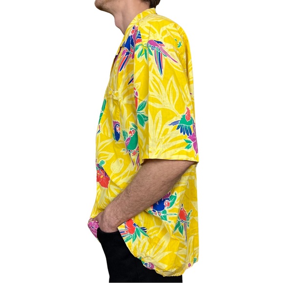 Vintage Men’s Yellow CC Sport Hawaiian Shirt with Birds Union Made USA Size XL - Picture 3 of 10
